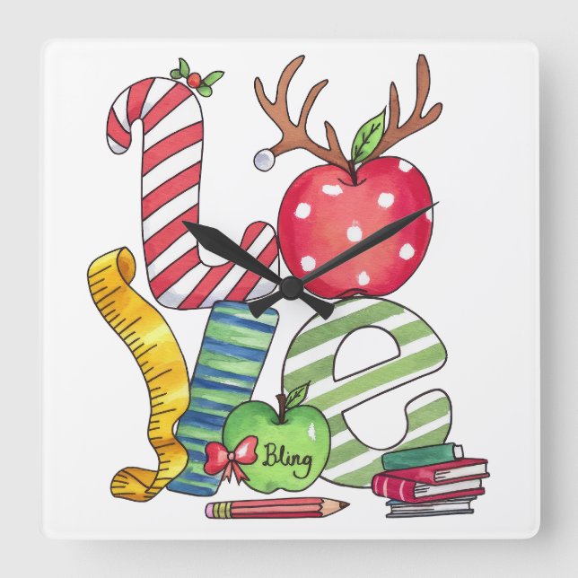 Teacher Gift | Love Pencil Apple Square Wall Clock (Front)
