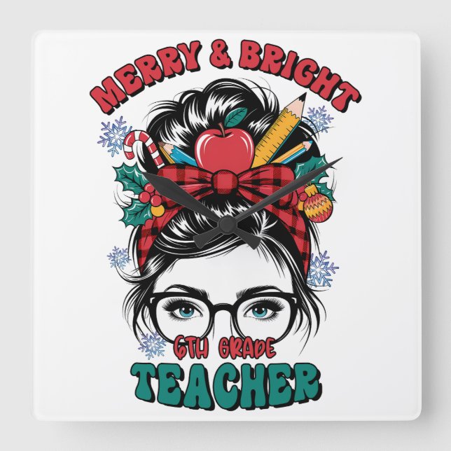 Teacher Gift | Merry And Bright Teacher Square Wall Clock (Front)