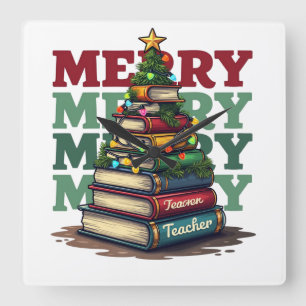 Teacher Gift   Merry Christmas Teacher Books Square Wall Clock