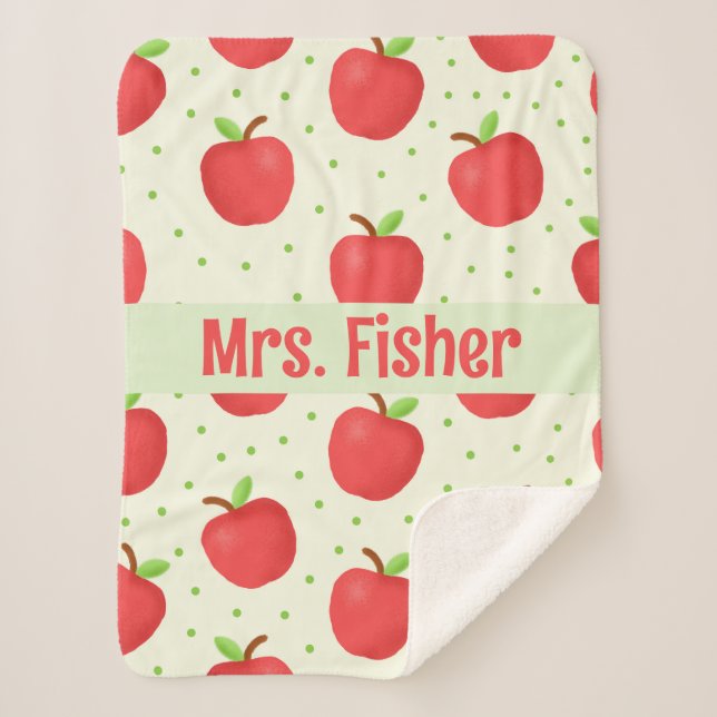 Teacher gift personalised watercolor apple pattern sherpa blanket (Front)