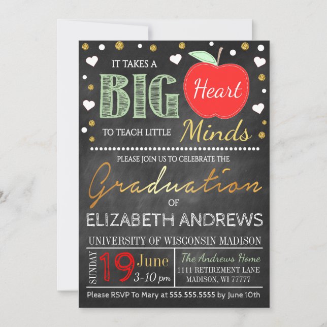 Teacher Graduation Chalkboard Takes a Big Heart Invitation (Front)