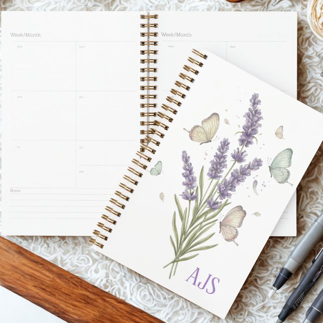Teacher Graduation Lavender Butterfly Monogram Planner (Lavender botanical stems and butterflies for a special teacher graduation — gift idea for her)