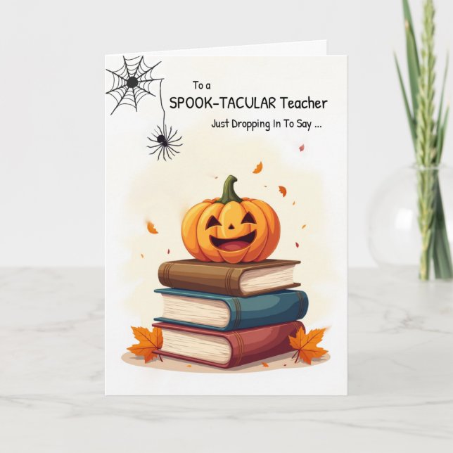 Teacher Halloween Pumpkin on Books Cute Spider Card (Front)