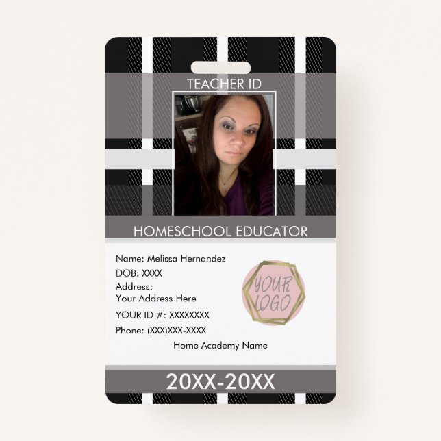 Teacher Homeschooling School Mum ID Plaid ID Badge (Front)