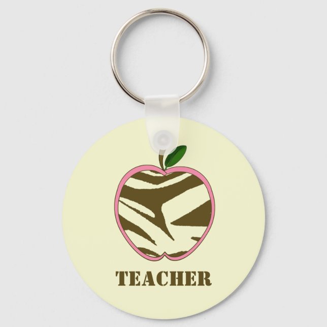 Teacher Keychain - Brown Zebra Print Apple (Front)