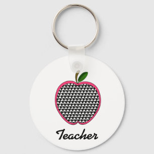 Teacher Keychain- Houndstooth Apple With Pink Trim Key Ring