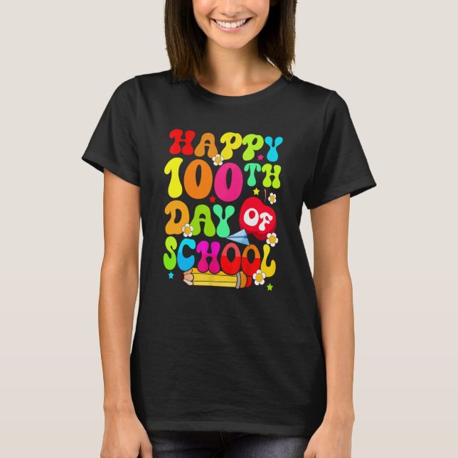 Teacher Kids Retro 100 Days Happy 100th Day Of Sch T-Shirt (Front)