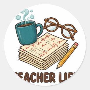 Teacher Life Flat Lay Design Round Sticker