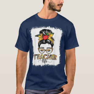 Teacher Life Messy Bun Women Sunflower Leopard Tea T-Shirt