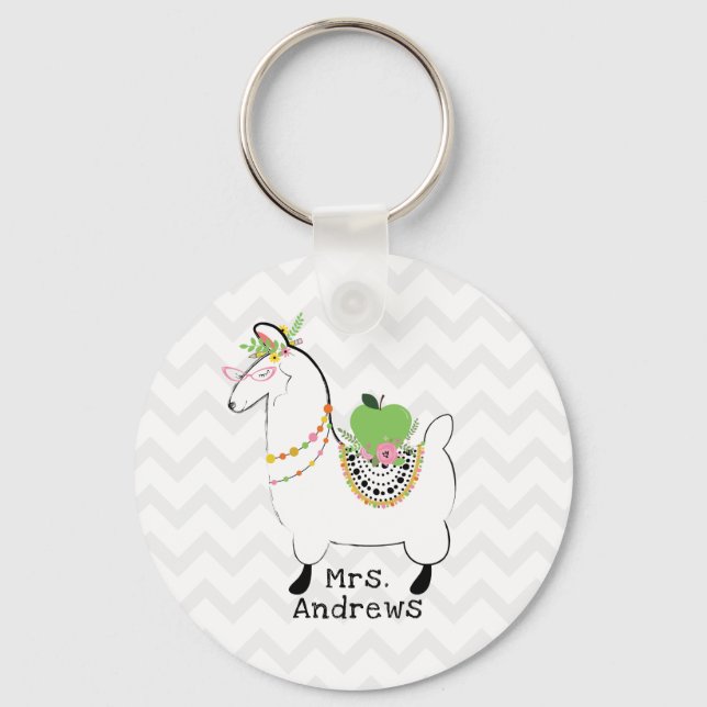 Teacher Llama Green Apple Floral Key Ring (Front)