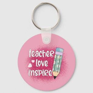 Teacher Love Inspire -Pink Glitter & Floral Pencil Key Ring