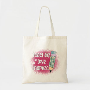 Teacher Love Inspire -Pink Glitter & Floral Pencil Tote Bag