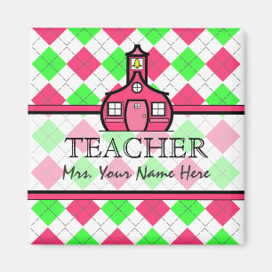Teacher Magnet - Hot Pink & Lime Green Argyle