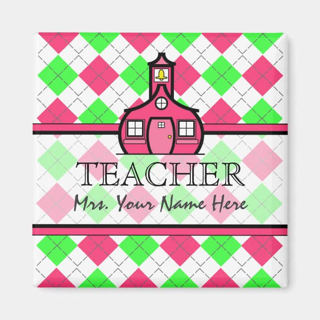 Teacher Magnet - Hot Pink & Lime Green Argyle (Front)