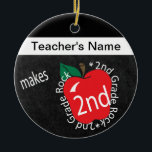 Teacher Makes 2nd Grade Rock | Chalkboard Ceramic Ornament<br><div class="desc">🥇AN ORIGINAL COPYRIGHT ART DESIGN by Donna Siegrist ONLY AVAILABLE ON ZAZZLE! 2nd Grade School Teacher Christmas Ornament. Unique Vintage Style 2nd grade school teacher design ready for you to personalise. Featured in a vintage school style with the saying "2nd Grade Rocks". Available designs - K thru 4th grade. ✔NOTE:...</div>