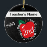 Teacher Makes 2nd Grade Rock | Chalkboard Ceramic Ornament<br><div class="desc">🥇AN ORIGINAL COPYRIGHT ART DESIGN by Donna Siegrist ONLY AVAILABLE ON ZAZZLE! 2nd Grade School Teacher Christmas Ornament. Unique Vintage Style 2nd grade school teacher design ready for you to personalise. Featured in a vintage school style with the saying "2nd Grade Rocks". Available designs - K thru 4th grade. ✔NOTE:...</div>