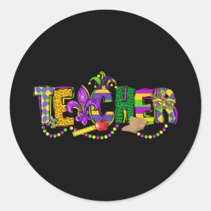 Teacher mardi gras carnival new orleans bead girl classic round sticker