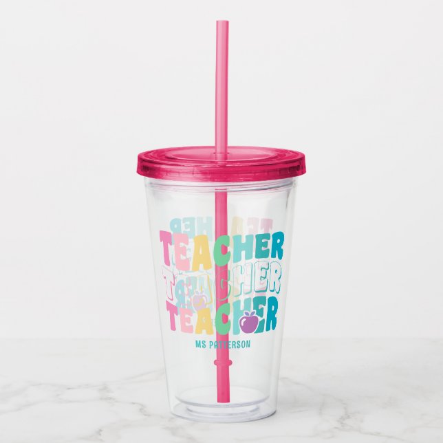 Teacher Modern Rainbow Colours Personalised Name Acrylic Tumbler (Front)