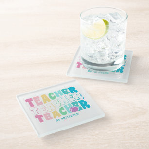Teacher Modern Rainbow Colours Personalised Name Glass Coaster