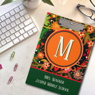 Teacher Monogram Name Floral School Info  Clipboard