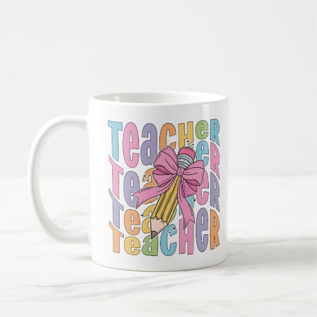 Teacher Mug With Pencil & Bow, Teacher Gift (Left)