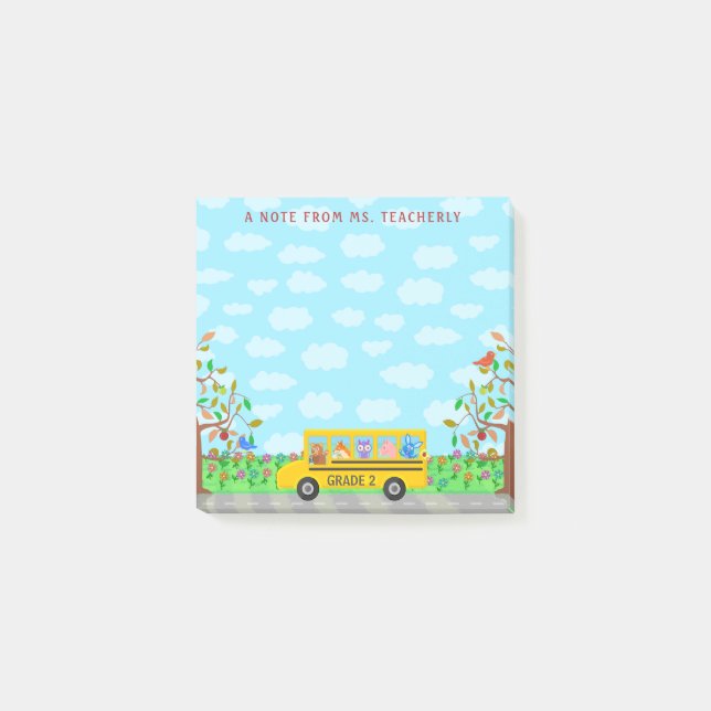 Teacher Name Classroom Notes | Cute Animals on Bus (Front)
