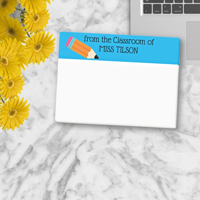 Teacher Name Classroom, Pencil, Blue Border  Post-it Notes (Creator Uploaded)