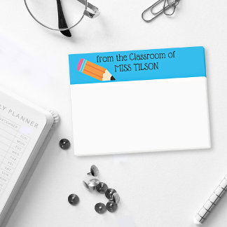 Teacher Name Classroom, Pencil, Blue Border Post-it Notes