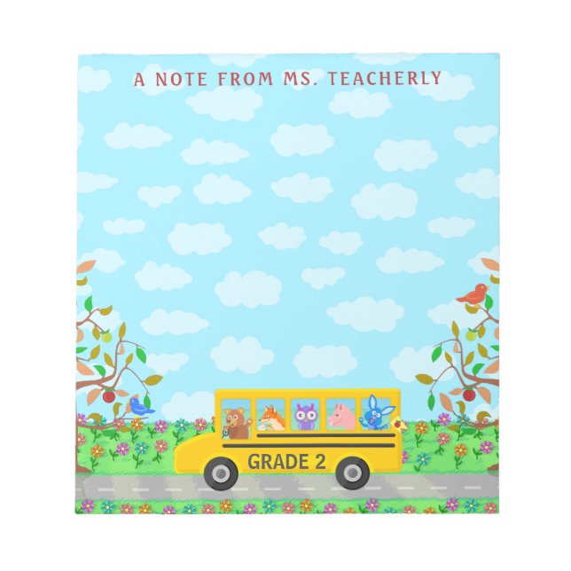 Teacher Name Cute Classroom Animals on School Bus Notepad (Front)