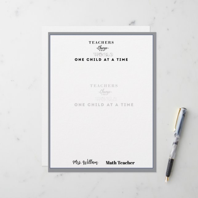 Teacher name elegant quote modern white frame custom letterhead (Front/Back In Situ)