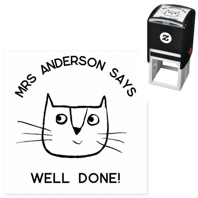 Teacher Name Encouragement Fun Cartoon Cat Self-inking Stamp (Fun cartoon cat personalized teacher name well done school classroom encouragement self inking stamp)