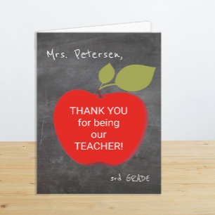 Teacher name Red apple blackboard thank you Note Card