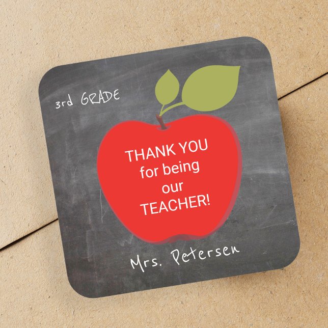 Teacher name | Red apple blackboard thank you Square Sticker (Creator Uploaded)