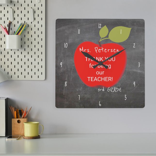 Teacher name | Red apple blackboard thank you Square Wall Clock (Creator Uploaded)