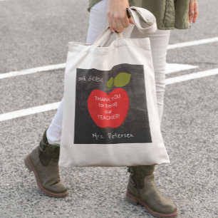 Teacher name red apple blackboard thank you tote bag