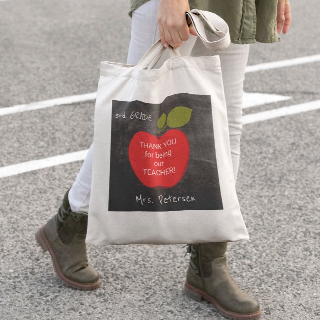 Teacher name | red apple blackboard thank you tote bag (Creator Uploaded)