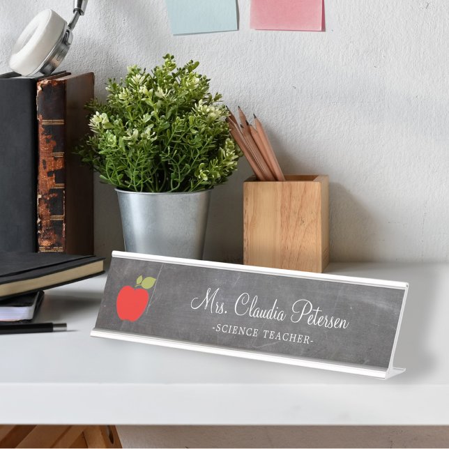 Teacher Name Red Apple White Script on Chalkboard Desk Name Plate (Creator Uploaded)
