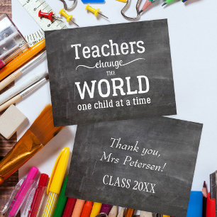 Teacher name thank you white typography chalkboard postcard