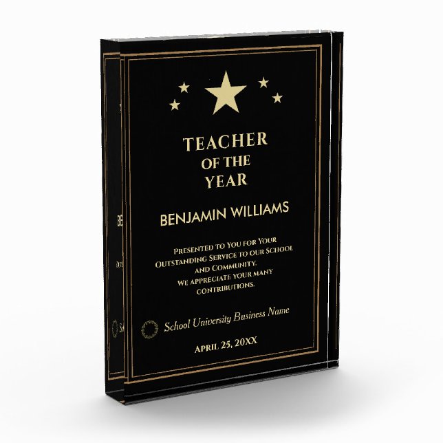 Teacher of the Year Gold Stars Logo Personalise  Photo Block (Left)