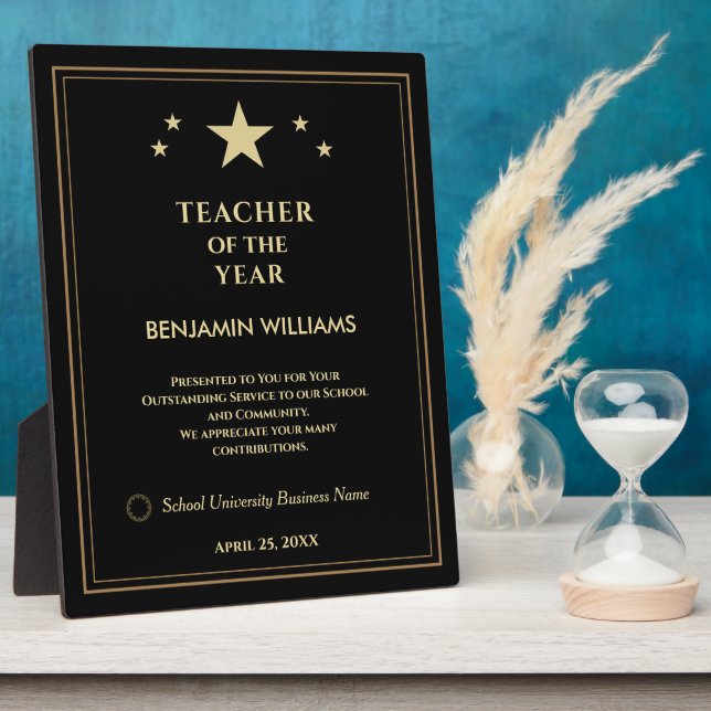 Teacher of the Year Gold Stars Logo Personalise  Plaque (Side)