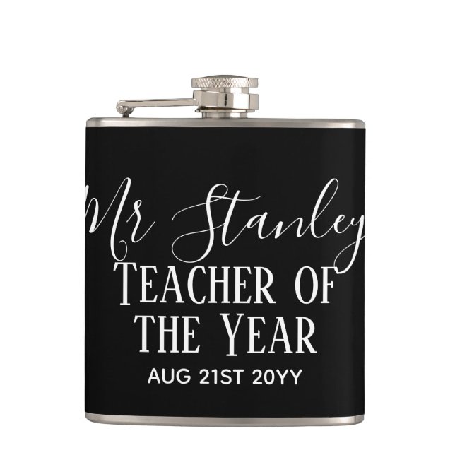 Teacher of the Year Personalised Modern Text Gift Hip Flask (Front)