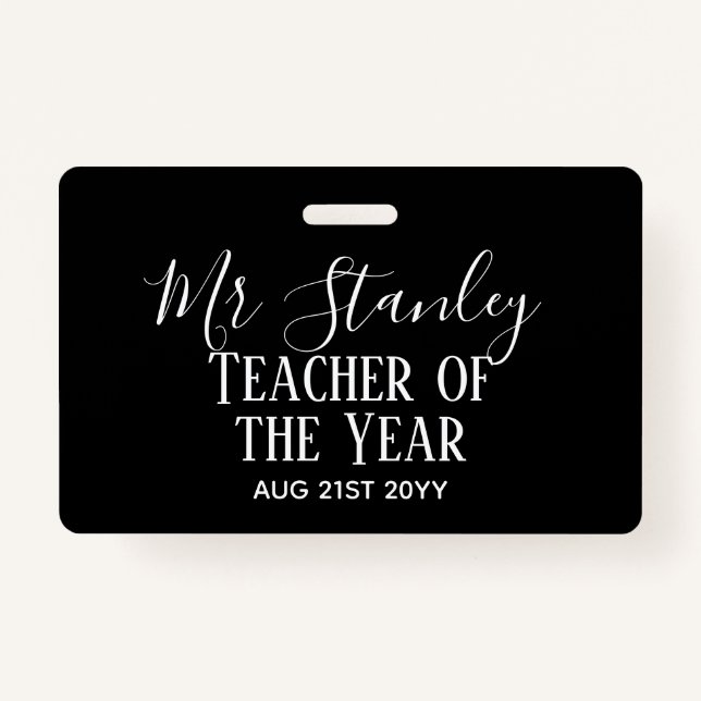 Teacher of the Year Personalised Modern Text Gift ID Badge (Front)