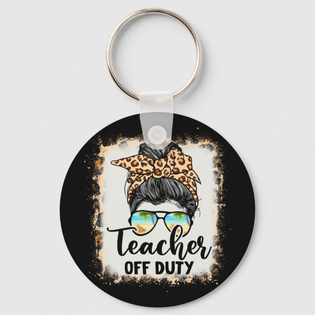 Teacher Off Duty Messy Bun Leopard Glasses Summer Key Ring (Front)