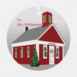 Teacher One Room School House Round Christmas  Metal Tree Decoration
