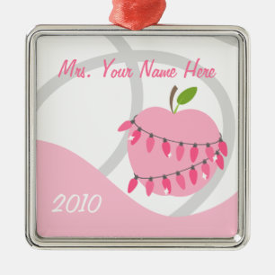 Teacher Ornament - Pink Apple & Christmas Lights