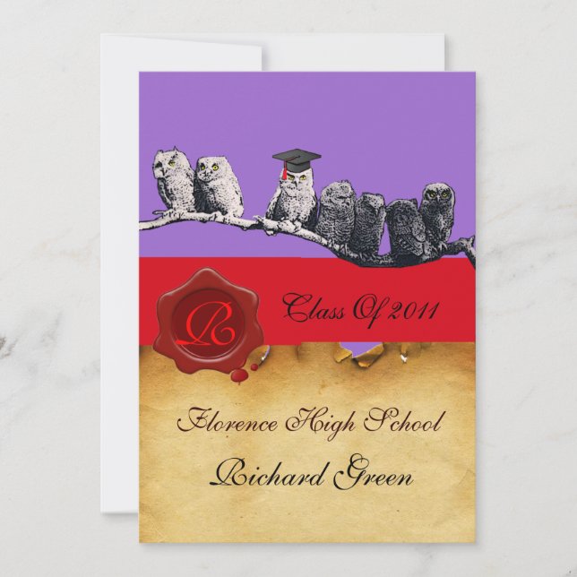 TEACHER OWL GRADUATION PARCHMENT WAX SEAL MONOGRAM INVITATION (Front)