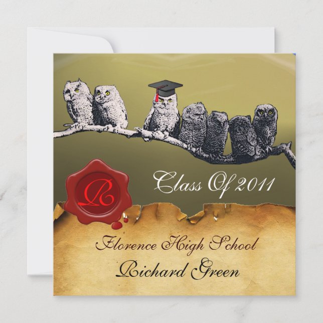 TEACHER OWL GRADUATION PARCHMENT WAX SEAL MONOGRAM INVITATION (Front)
