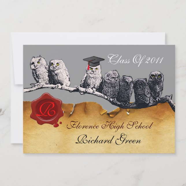 TEACHER OWL GRADUATION PARCHMENT WAX SEAL MONOGRAM INVITATION (Front)
