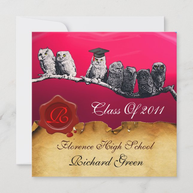 TEACHER OWL GRADUATION PARCHMENT WAX SEAL MONOGRAM INVITATION (Front)