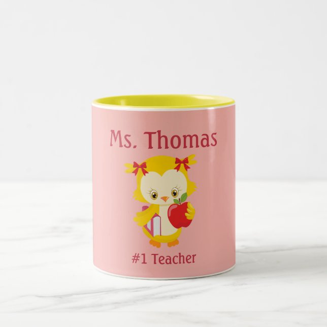 Teacher Owl Pink yellow and red Two-Tone Coffee Mug (Center)